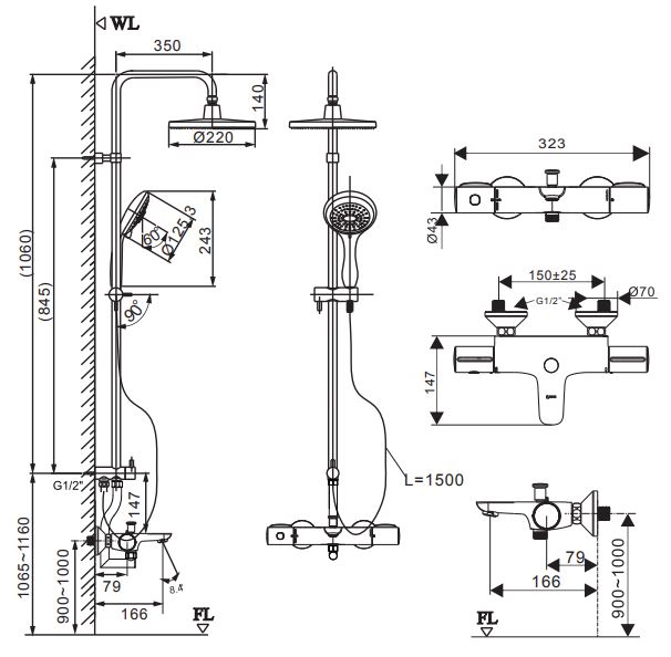 Bản vẽ vòi sen cây INAX BFV-3415T-7C nóng lạnh