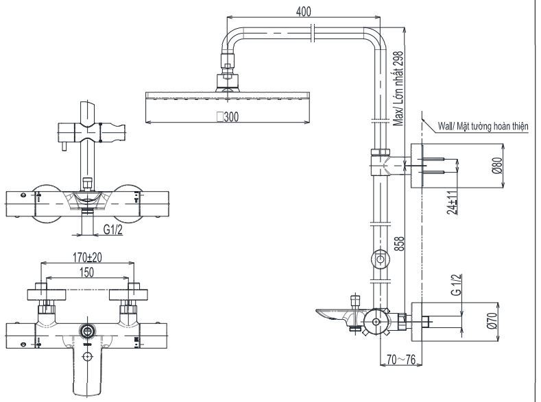 Bản vẽ kích thước sen cây liền khối TOTO TBW08405A 300mm