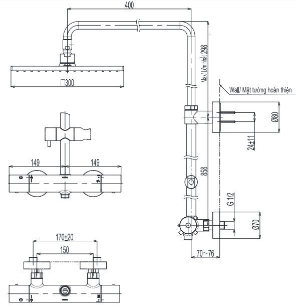 Bản vẽ kích thước sen cây liền khối TOTO TBW08406A 300mm