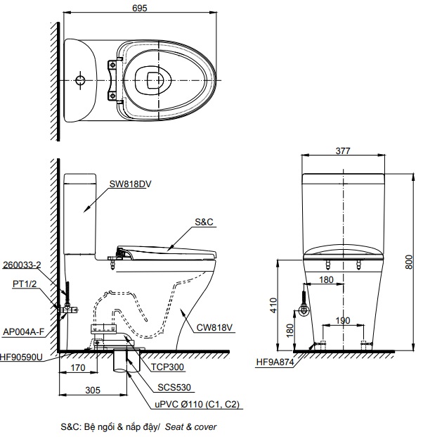 Bản vẽ kỹ thuật xí bệt TOTO CS818DT8