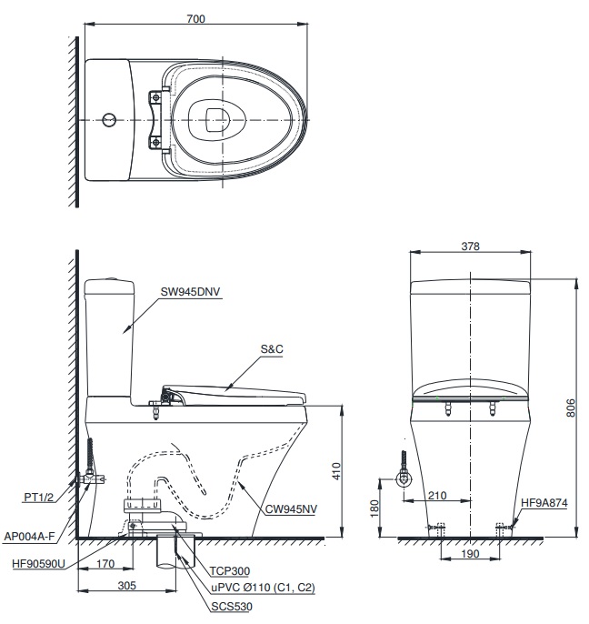 Bản vẽ kỹ thuật bàn cầu xí bệt TOTO MS945T2