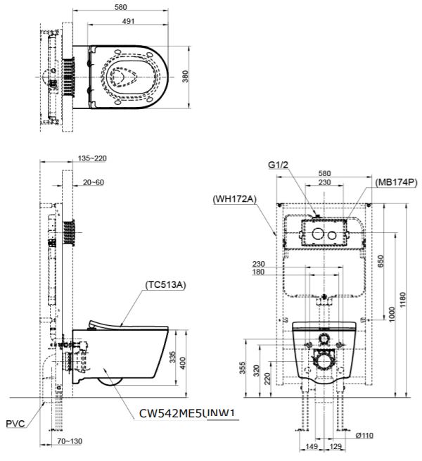 Bản vẽ kỹ thuật bồn cầu két âm Toto CW542 ME3UNW1