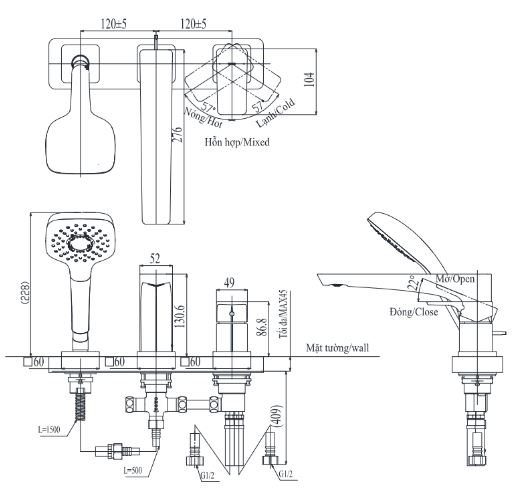 Bản vẽ kích thước sen bồn tắm Toto TBG07305AA