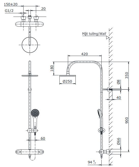 Bản vẽ kích thước sen tắm cây Toto TX454SFV2BRN