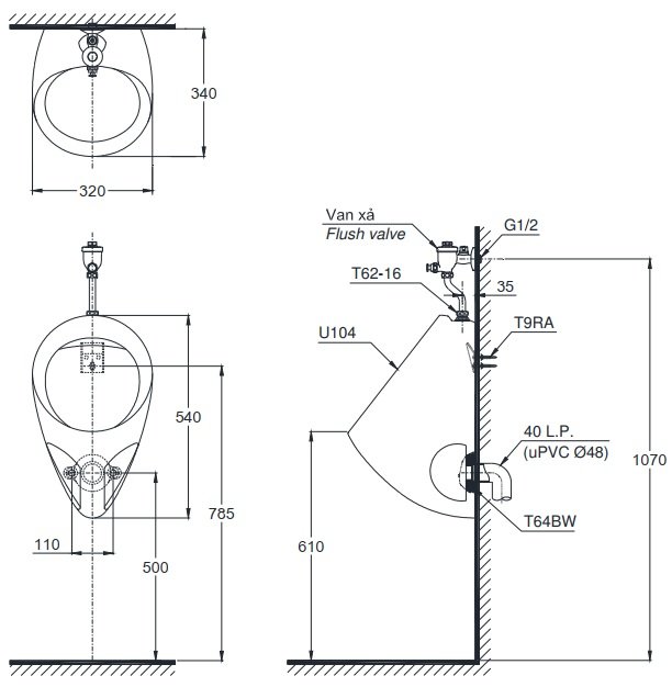 Bản vẽ bồn tiểu nam TOTO U104W-F treo tường