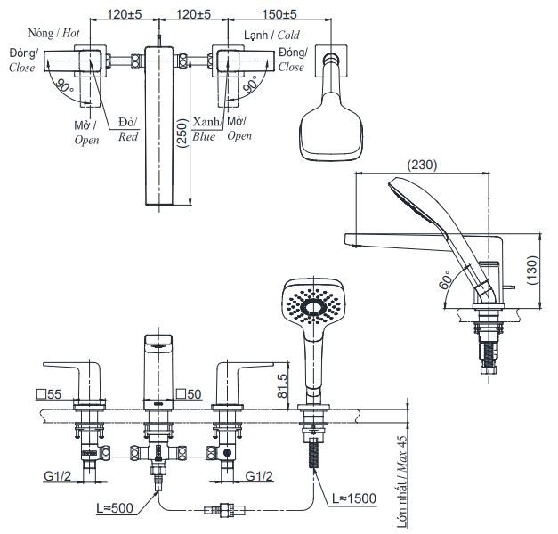 Bản vẽ vòi gắn thành bồn tắm TBG10202A TOTO