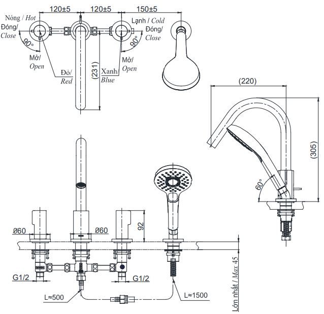 Bản vẽ vòi gắn thành bồn tắm TOTO TBG 11202 A 