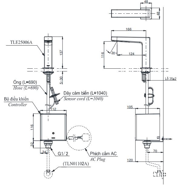 Bản vẽ vòi tự động TOTO TLE25006A