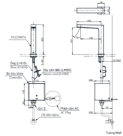 Bản vẽ vòi tự động TOTO TLE25007A