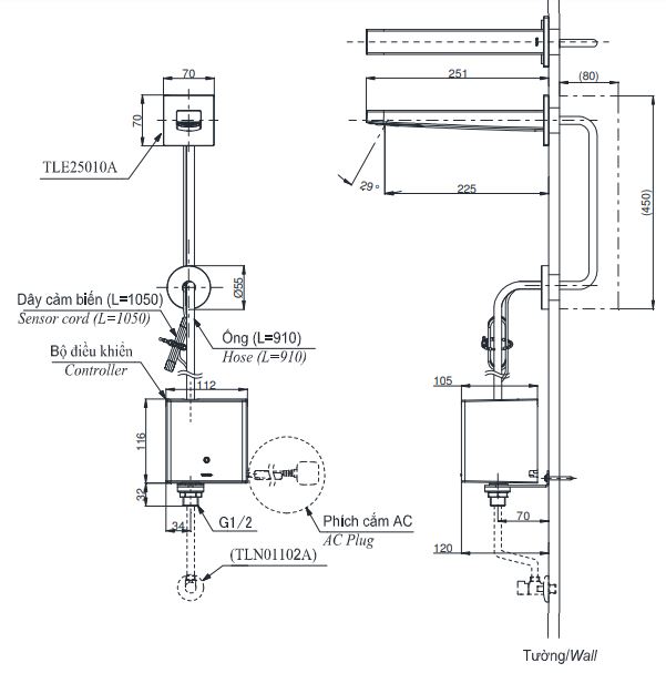 Bản vẽ vòi tự động TOTO TLE25010A