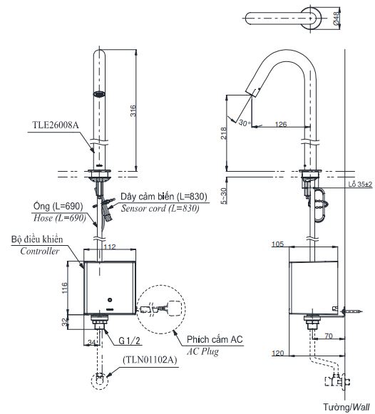 Bản vẽ vòi tự động TOTO TLE26008A