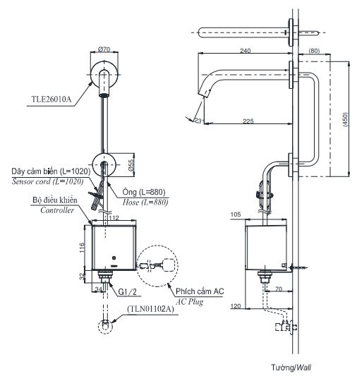 Bản vẽ vòi tự động TOTO TLE26010A