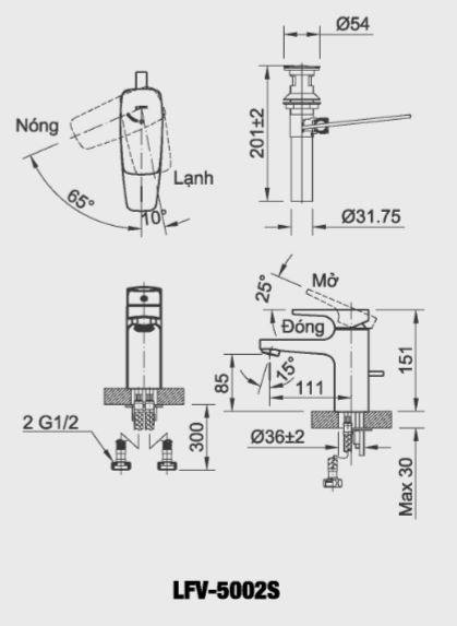 Bản vẽ kỹ thuật vòi lavabo nóng lạnh INAX LFV-5002S