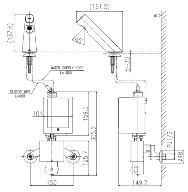 Bản vẽ kích thước vòi cảm ứng INAX AMV-300K 