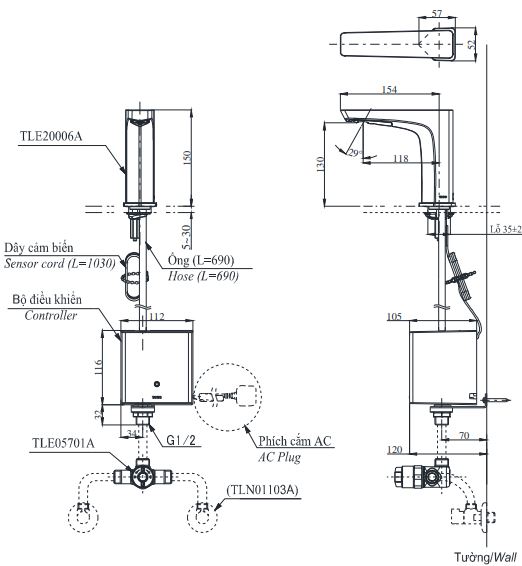 Bản vẽ vòi rửa mặt TOTO TLE20006A tự động