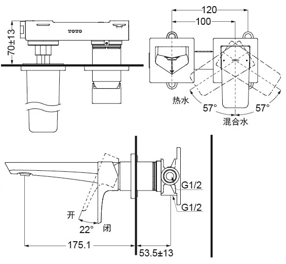 Bản vẽ vòi lavabo TLG07307B TOTO gắn tường