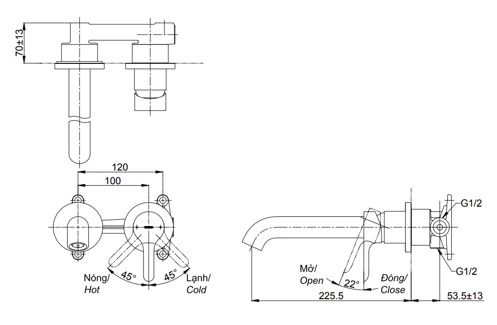 bản vẽ vòi chậu gật gù TOTO TLS01310B nóng lạnh gắn tường