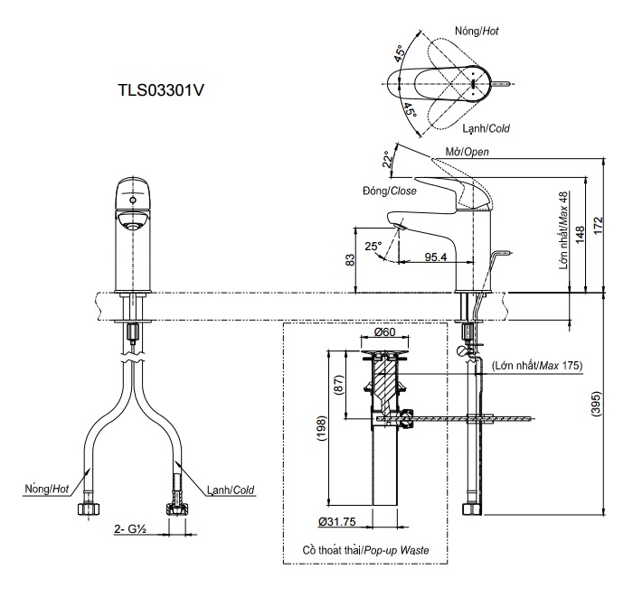 Bản vẽ kỹ huật vòi nước TOTO TLS03301V nóng lạnh