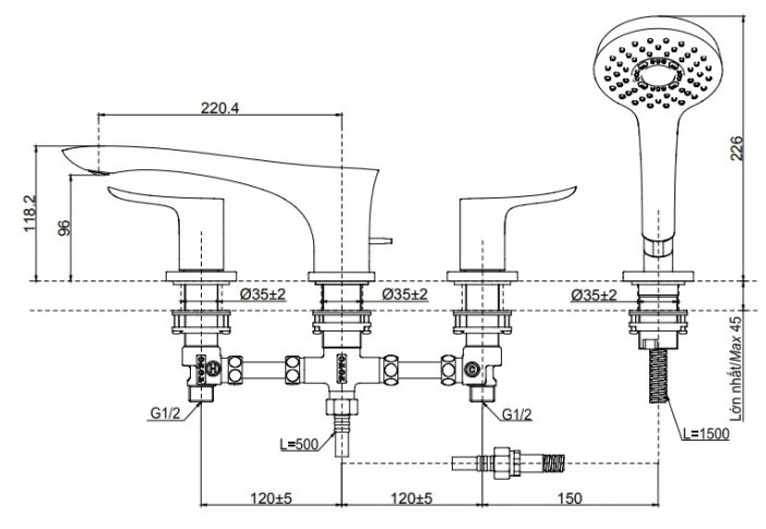 Bản vẽ sen tắm xả bồn TBG01202BC MBL có tay sen cầm tay