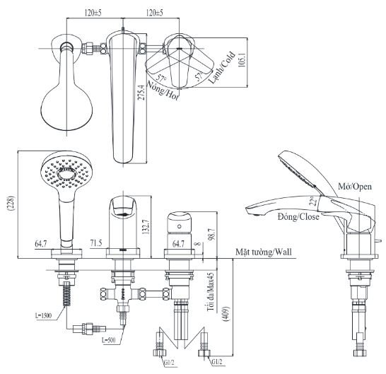 Bản vẽ kích thước vòi sen bồn tắm TOTO TBG09305AA