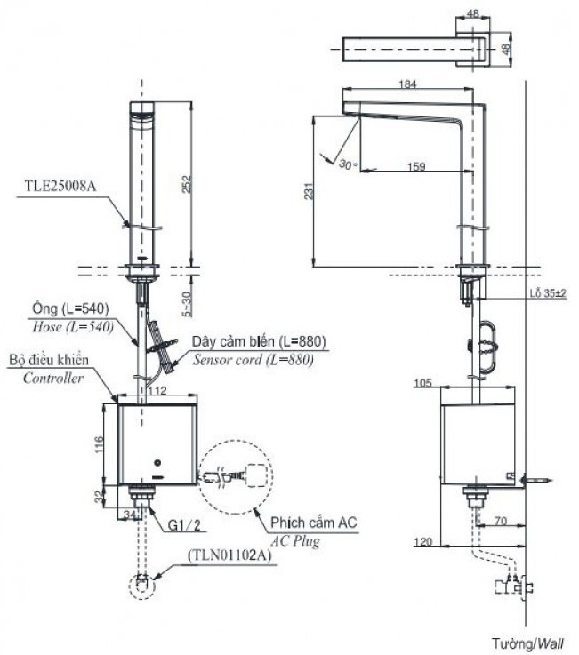 Bản vẽ vòi tự động TOTO TLE25008A+TLE04502A1+TLN01102A