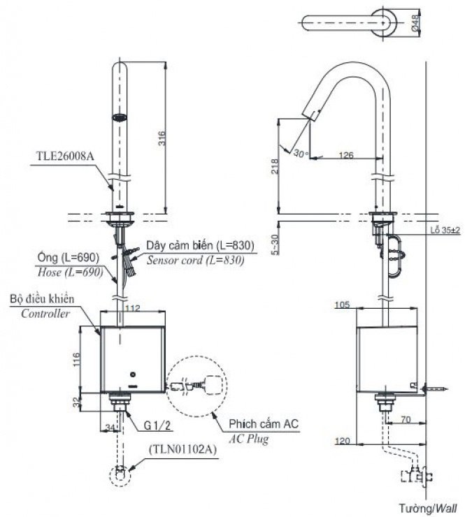 Bản vẽ vòi tự động TOTO TLE26008A TLE01502A1 TLN01102A