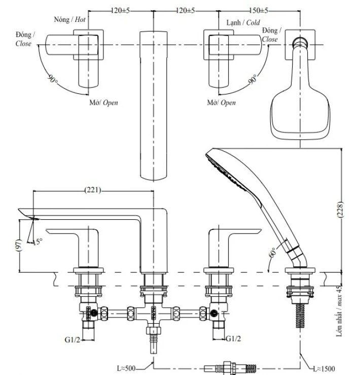 Bản vẽ sen tắm xả bồn TBG02202A MBL có tay sen cầm tay