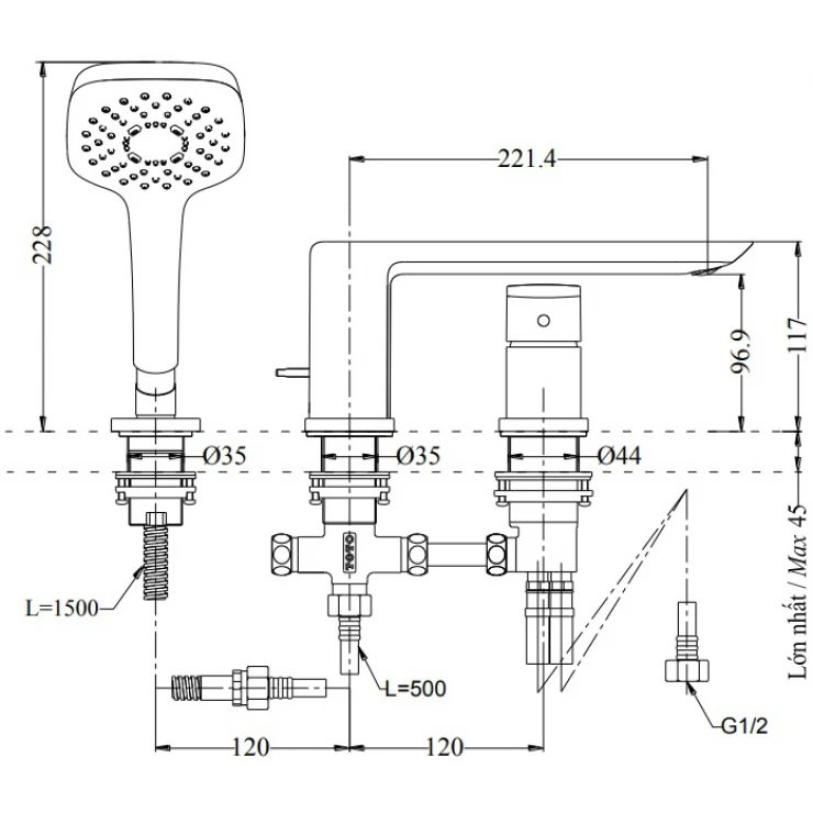 Bản vẽ sen tắm xả bồn TBG 02305AA MBL gật gù có tay sen cầm tay