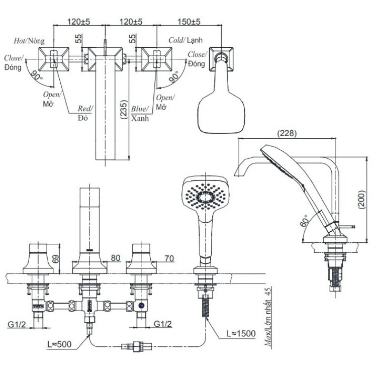 Bản vẽ kích thước vòi xả TBG 08202A MBL TOTO gắn thành bồn tắm