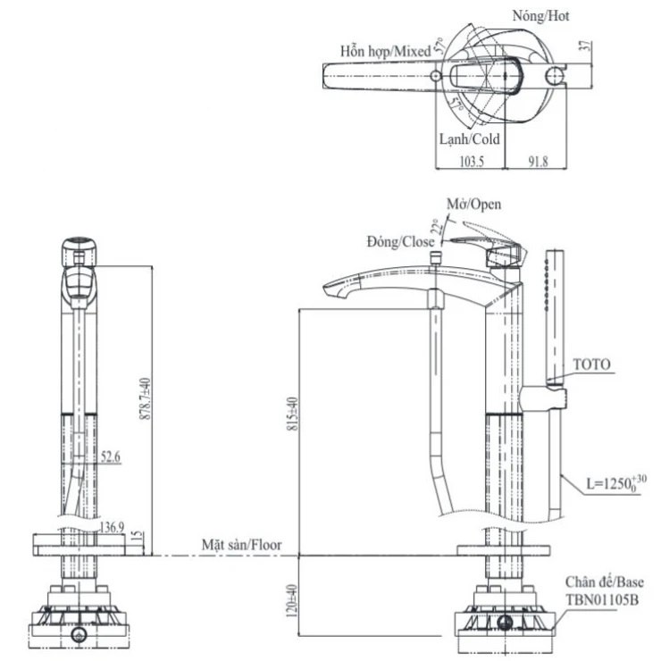 Bản vẽ vòi đặt sàn TOTO TBG 09306AA MBL xả bồn tắm