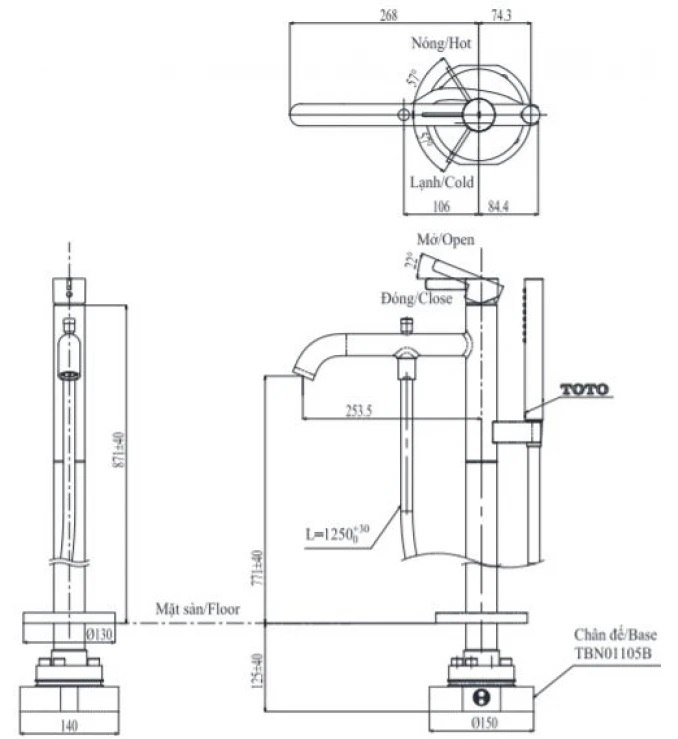 Bản vẽ vòi đặt sàn TOTO TBG 11306AA MBL xả bồn tắm