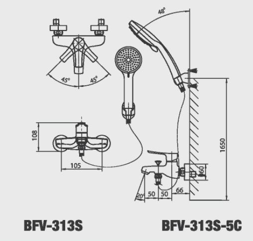 ​Bản vẽ kỹ thuật Vòi sen tắm nóng lạnh INAX BFV-313S-5C