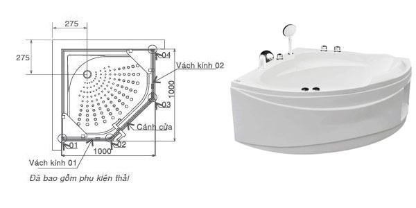 Kích thước bồn tắm góc tiêu chuẩn cho phòng tắm