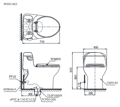 bản vẽ bồn cầu TOTO MS914E2 nắp rửa cơ