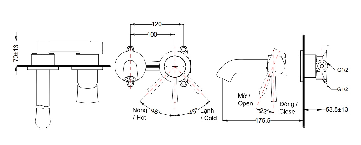 bản vẽ vòi chậu gật gù TOTO TLS02307B nóng lạnh gắn tường