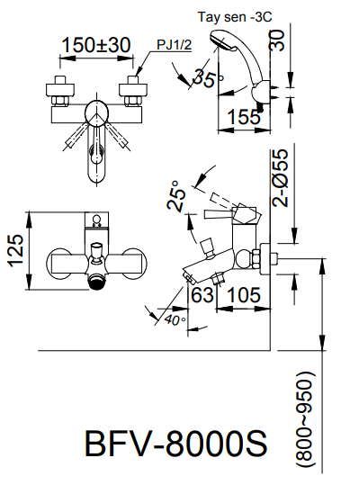 Bản vẽ kỹ thuật Vòi sen nhiệt độ INAX BFV-8000S-5C
