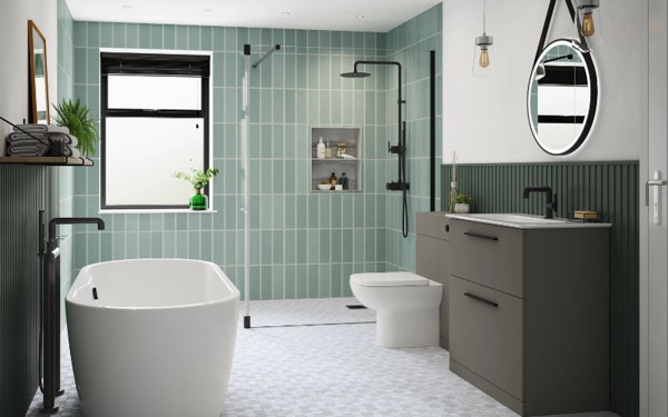 Thiết kế phòng tắm 6m2 với mẫu gạch lát tường màu xanh lá tạo cảm giác mát mẻ