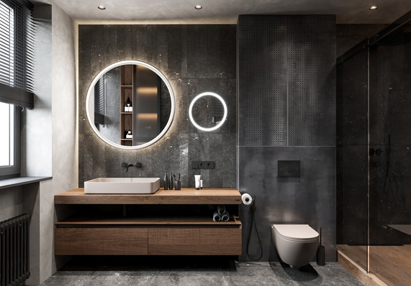 Phòng tắm sử dụng gam màu xám tối kết hợp với các điểm nhấn màu trắng tạo nên vẻ đẹp cá tính và hiện đại