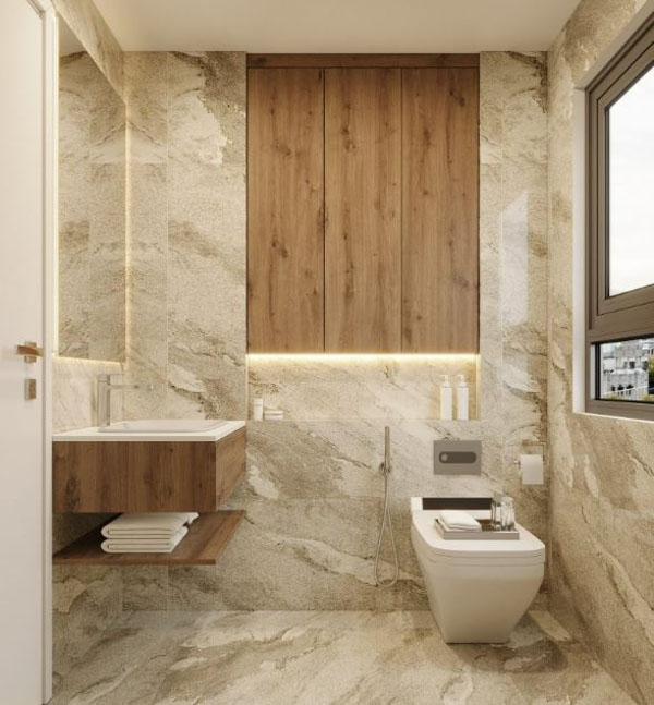Phòng tắm sử dụng gỗ tự nhiên làm vật liệu chính, kết hợp với các yếu tố đơn giản tạo nên phong cách Bắc  Âu truyền thống