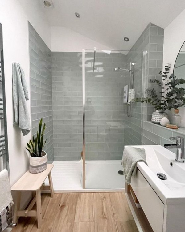 Thiết kế phòng tắm 5m2 sử dụng gỗ tự nhiên làm vật liệu chính, tạo cảm giác mộc mạc và ấm cúng