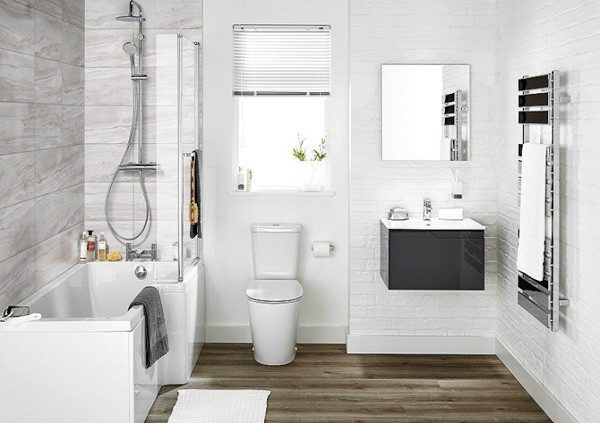 Phòng tắm sử dụng gam màu trắng chủ đạo kết hợp với các điểm nhấn màu xám tạo nên nét hiện đại và thanh lịch