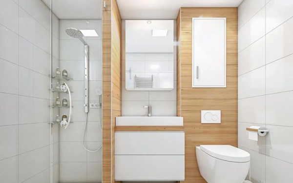 Thiết kế phòng tắm nhỏ 1m2 với tone màu trắng, tường ốp gạch men giả gỗ độc đáo