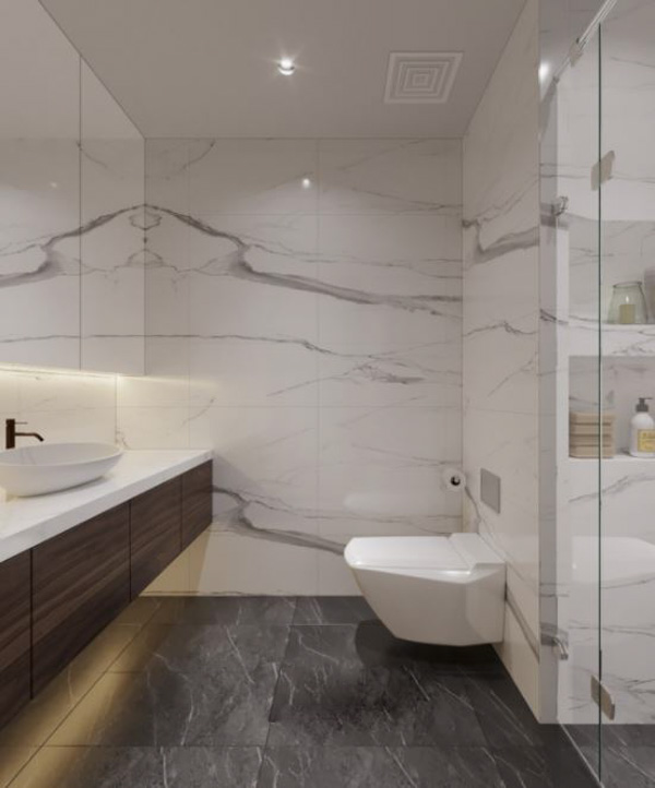 Thiết kế phòng tắm nhỏ 1m2 với sàn tối nền sáng bằng gạch ốp tinh tế