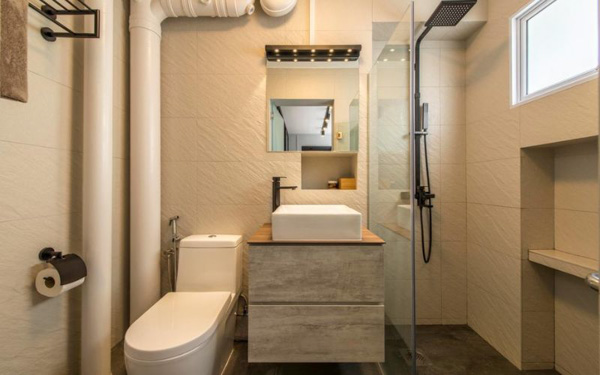 Thiết kế phòng tắm nhỏ 1m2 màu be với phong cách thiết kế tối giản