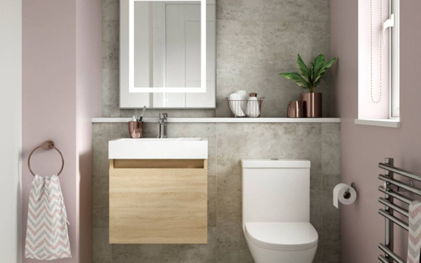 Phòng tắm nhỏ 1m2 màu hồng nhạt, thiết kế cửa sổ kéo cho không gian thoáng đãng