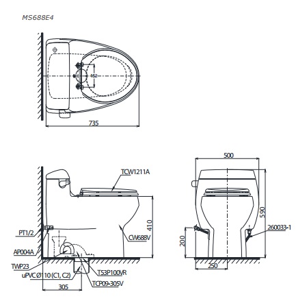 bản vẽ bồn cầu TOTO MS688E4 nắp rửa cơ