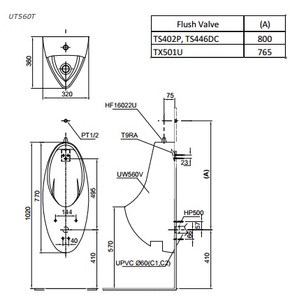 Bản vẽ bệ tiểu nam TOTO UT560T treo tường