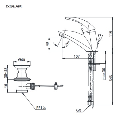 Bản vẽ vòi lavabo nóng lạnh TX108LHBR TOTO