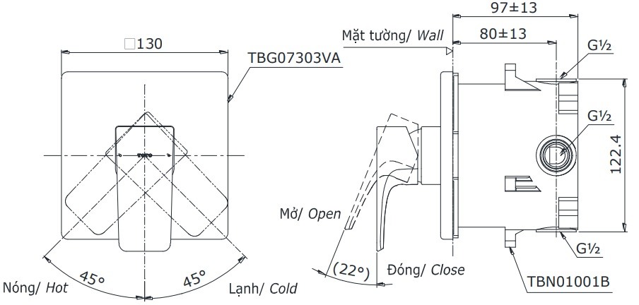 Bản vẽ van điều chỉnh TOTO nóng lạnh TBG07303V/TBN01001B
