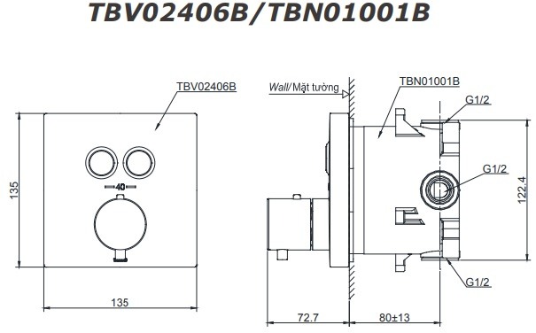 Bản vẽ van TOTO TBV02406B TBN01001B nhiệt độ, chuyển hướng